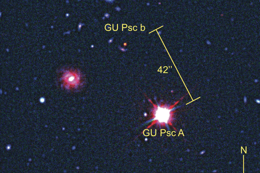 The planet GU Psc b and its star GU Psc in a composite image of visible and infrared data from the Gemini-South Observatory and infrared data from the CFHT. (Credit: Gemini/CFHT)