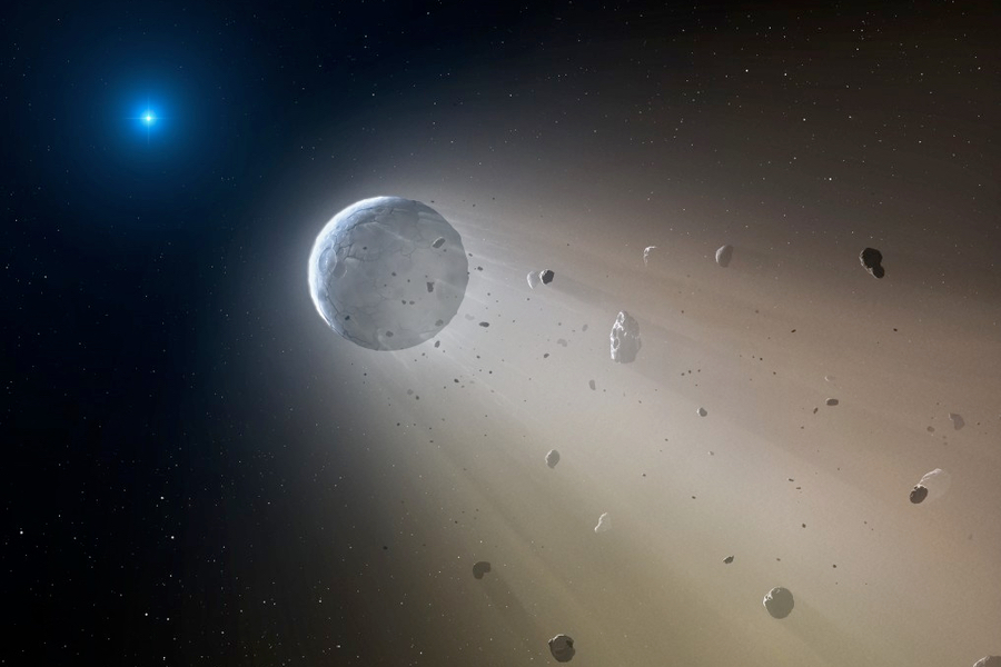 Artistic representation of the disintegration of a rocky celestial body in orbit around the white dwarf WD 1145+017. (Credit: M. A. Garlick)
