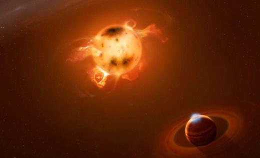 A newborn giant planet flying close to its star