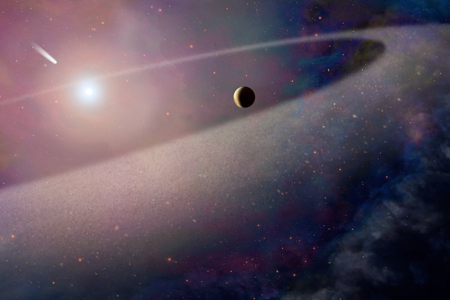 Cette illustration d’artiste montre un objet massif, similaire à une comète, tombant sur une naine blanche. (Crédit: NASA/ESA/Z. Levy/STScI)