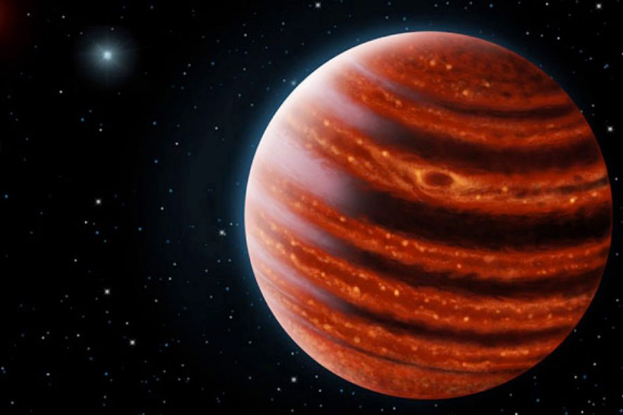 An artist's conception of the Jupiter-like exoplanet, 51 Eridani b, seen in near-infrared light. (Credit: D. Futselaar/F. Marchis/SETI)