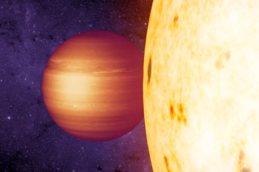 Représentation artistique qui montre la géante gazeuse CoRoT-2b, dont le point le plus chaud se trouve à l’ouest du point le plus proche de son étoile. (Crédit: NASA/JPL-Caltech/T. Pyle/IPAC)