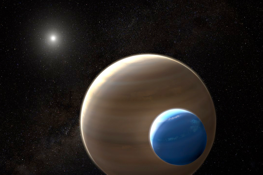 An artist's rendition of exoplanet Kepler-1625b and its orbiting moon, Kepler-1625bi. (Credit: NASA/ESA/L. Hustak/STScI)