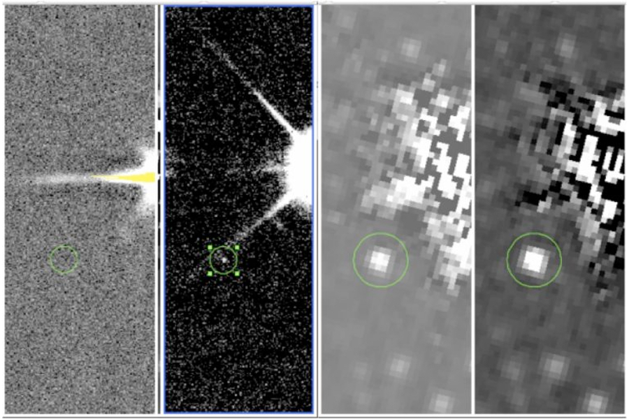 Example d'une exoplanète candidate autour d'une étoile jeune. De gauche à droite, voyez une image à 0.9 microns (Gemini-S), à 1.2 microns (Gemini-S), à 3.6 microns (Spitzer) et à 4.5 microns (Spitzer). Cette candidate était, en réalité, un objet de fond. (Crédit: F Baron)