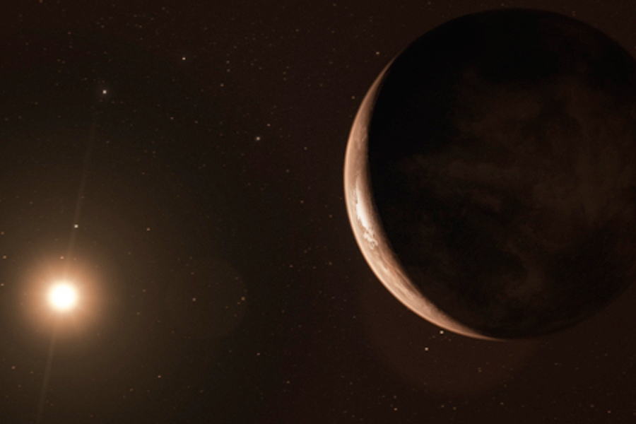 Artistic representation of Barnard's star (left) and its planet (right) as seen from space. (Credit: ESO/M. Kornmesser)
