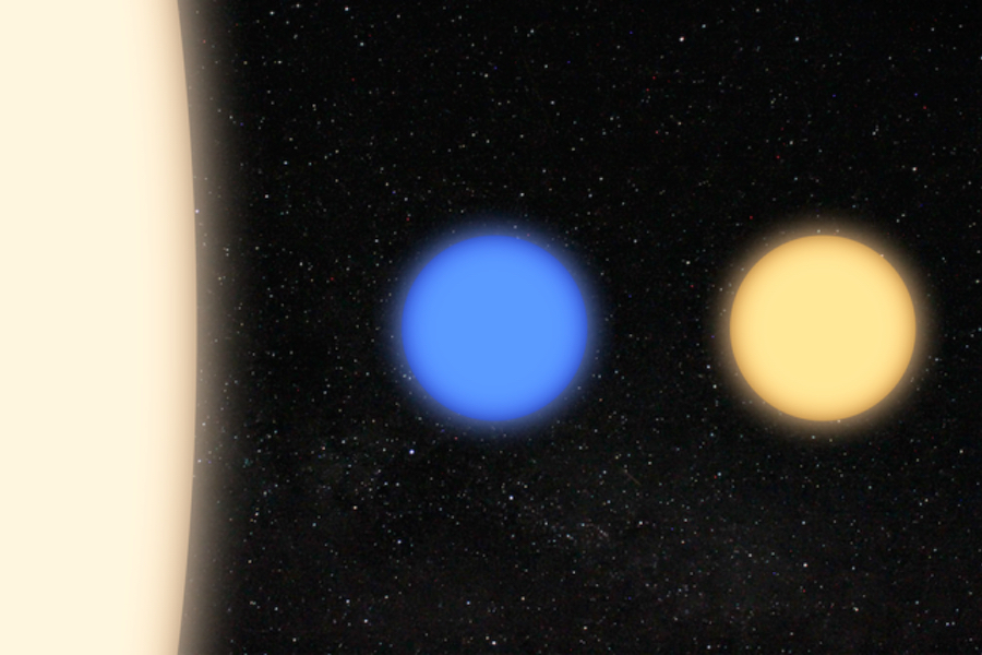 Comparaison entre le Soleil (à gauche), WD J2356-209 (au centre) et une étoile naine blanche presque identique à WD J2356-209 mais sans aucune trace de sodium détectable (à droite). (Crédit: S. Blouin)