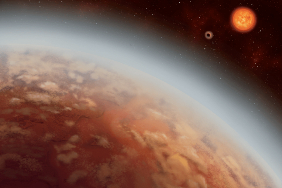 Une représentation de l'exoplanète K2-18 b, de son étoile de type naine rouge, et de son exoplanète soeur K2-18 c. (Crédit: A. Boersma)