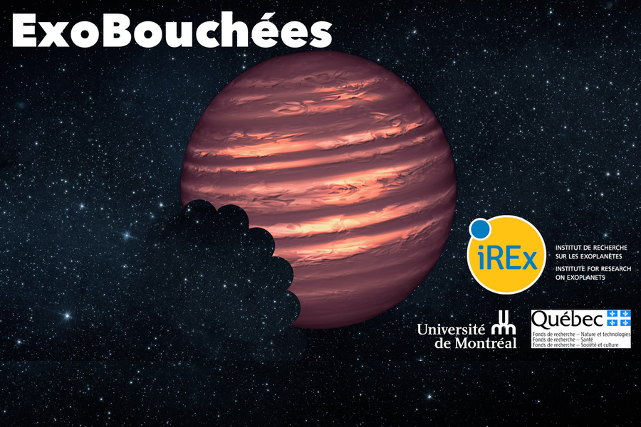 An artist's rendering of a sketched brown dwarf, with the logos of the iREx, the Université de Montréal and the Fonds de recherche du Québec. (Credit: NASA/JPL-Caltech/iREx/UdeM/FRQ)