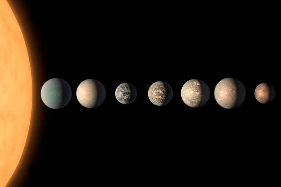 L'étoile TRAPPIST-1 et ses sept planètes. (Crédit: NASA/JPL-Caltech)