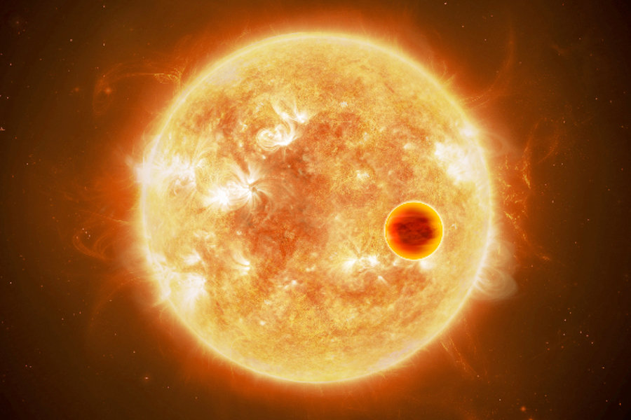 An artist's rendering of a "hot Jupiter" type exoplanet transiting in front of its parent star. (Credit: ESA/ATG medialab)