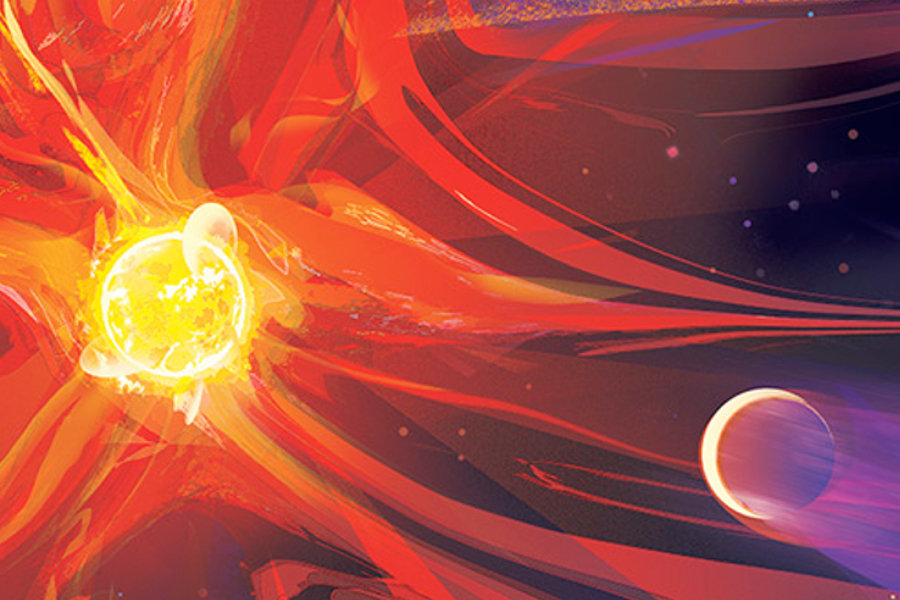 Vue d’artiste de la très jeune naine rouge éruptive AU Mic et de sa planète nouvellement découverte, avec au loin le disque de débris qui a donné naissance à la planète. (Crédit: NASA/JPL-Caltech)