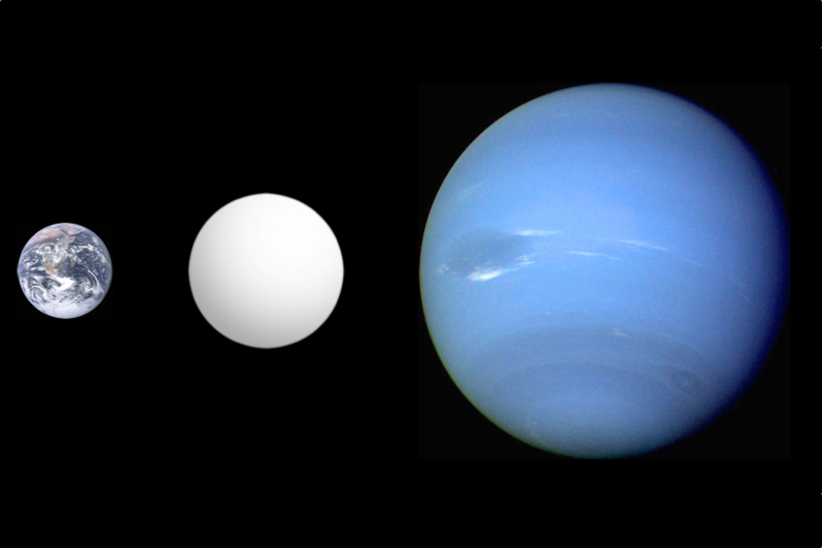 Une exoplanète de type mini-Neptune (centre) comparée à la Terre et à Neptune. (Crédit: NASA/JPL-Caltech/M.-E. Naud)