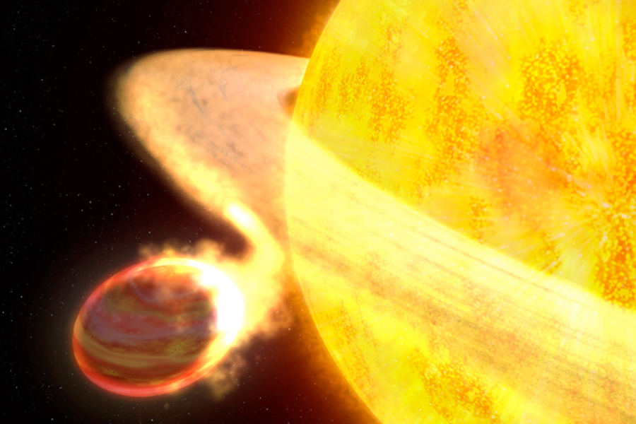Cette représentation artistique montre la Jupiter ultra-chaude WASP-12b, si proche de son étoile qu'elle est cannibalisée par cette dernière. (Crédit: NASA/ESA/G. Bacon/STScI)