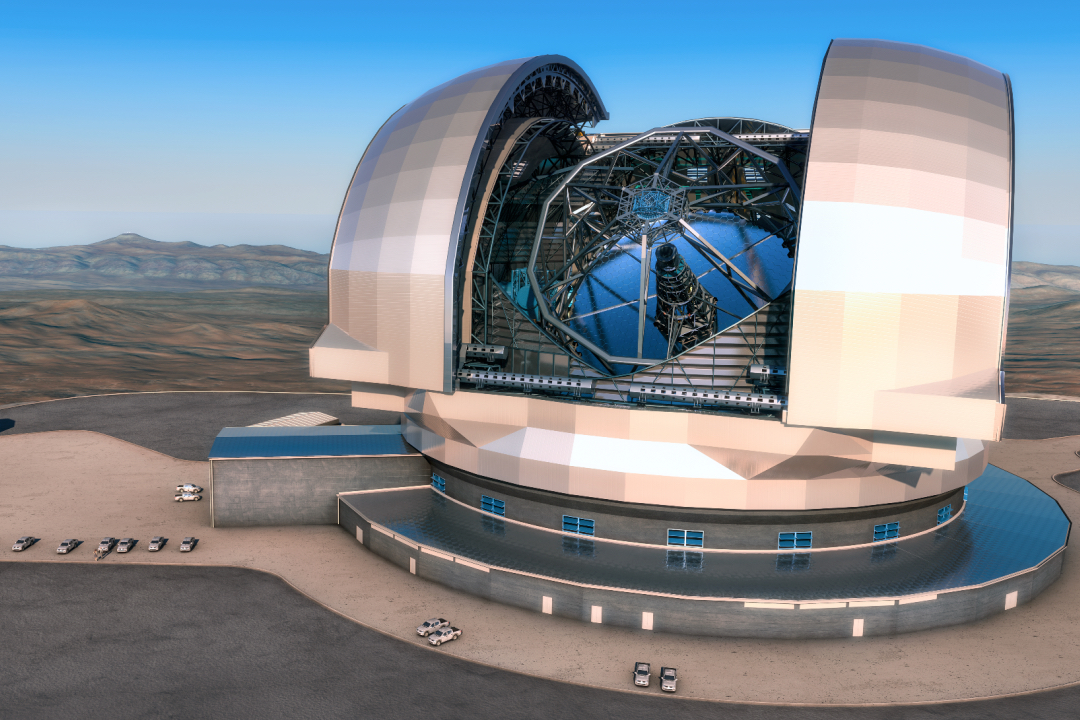 An artistic representation of the European Extremely Large Telescope (E-ELT). (Credit: ESO/ L. Calçada)