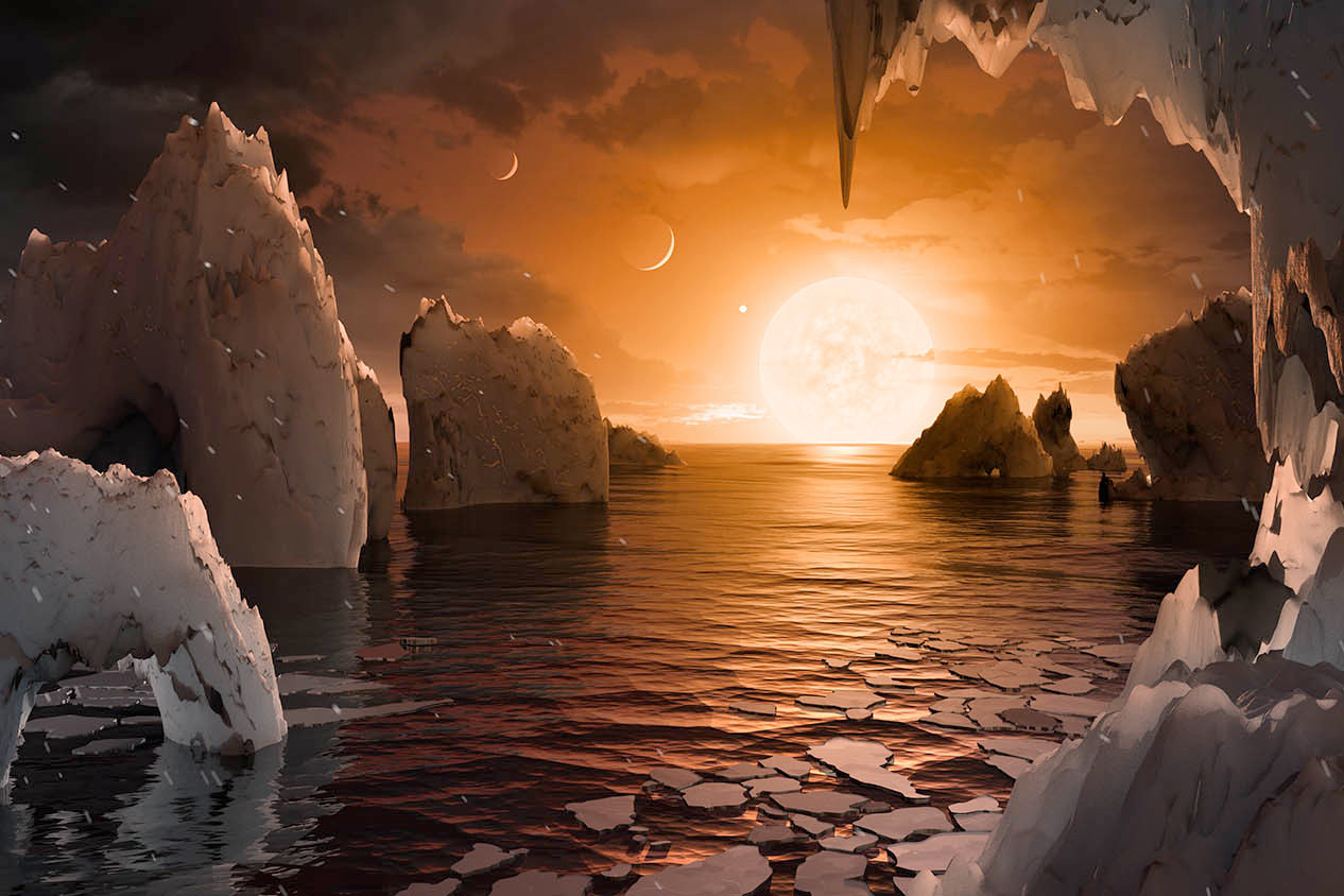 An artistic representation of the surface of the exoplanet TRAPPIST-1 f. (Credit: NASA/JPL-Caltech)