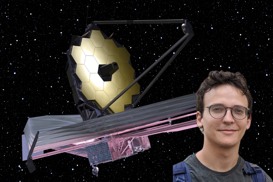 Antoine Darveau-Bernier has worked on several projects using the Webb Space Telescope. Credit: NASA (telescope), Pixabay (background). 