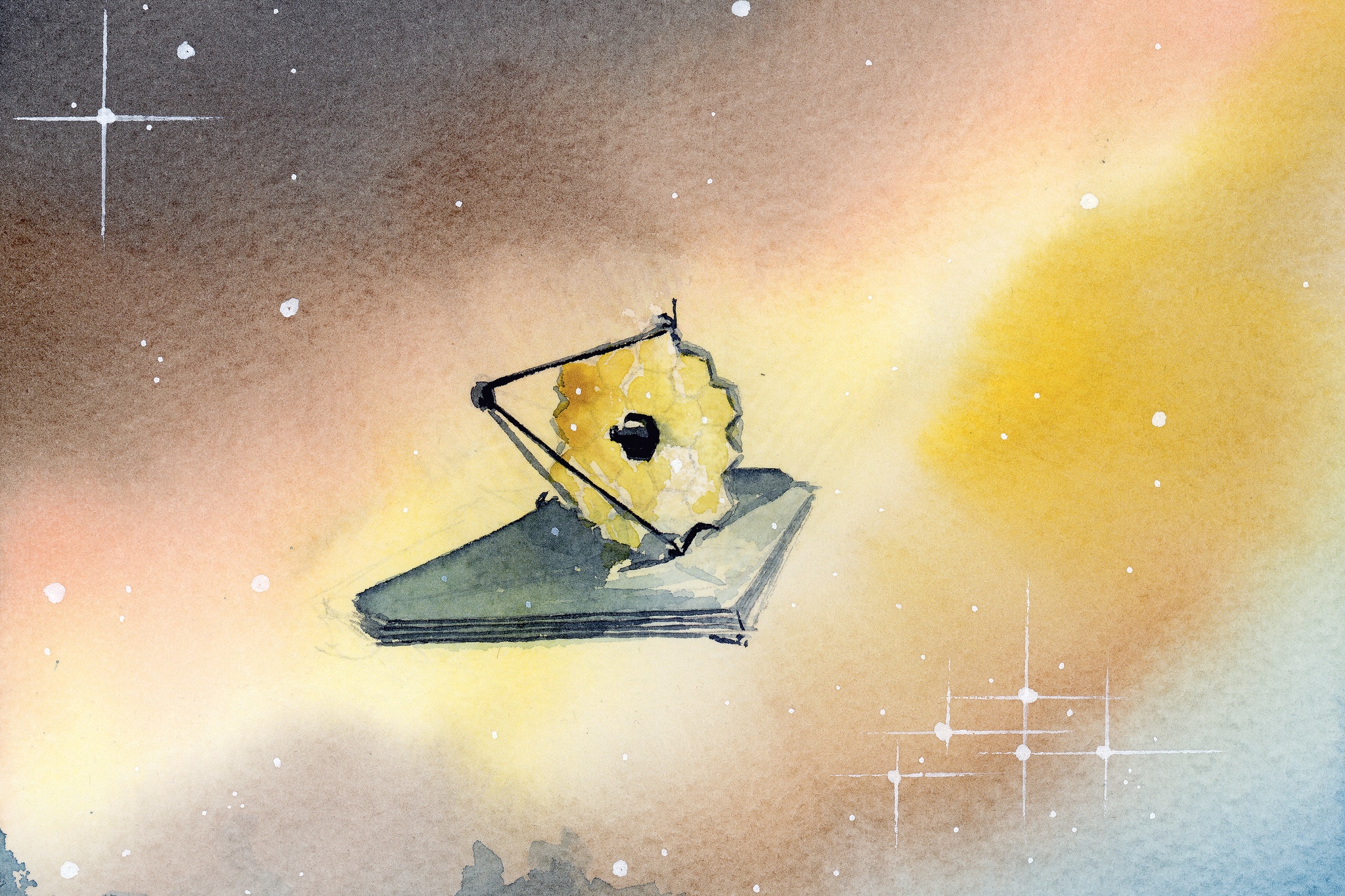 A watercolor of the James Webb Space Telescope. (Credit: P. Vuaillet)