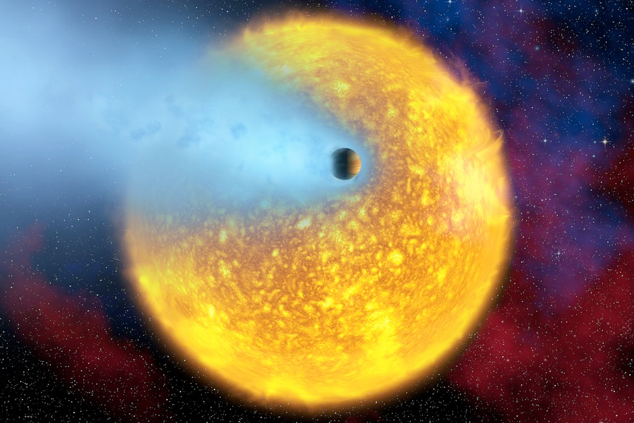 Représentation artistique de la Jupiter chaude HD 209458 b et de son étoile (en arrière plan), (Crédit: ESA/A. Vidal-Madjar/Institut d'Astrophysique de Paris/CNRS/NASA)