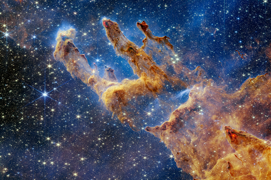 An image of the Pillars of Creation taken by the NIRCam instrument on the Webb Telescope (Credit: NASA/ESA/CSA/STScI)