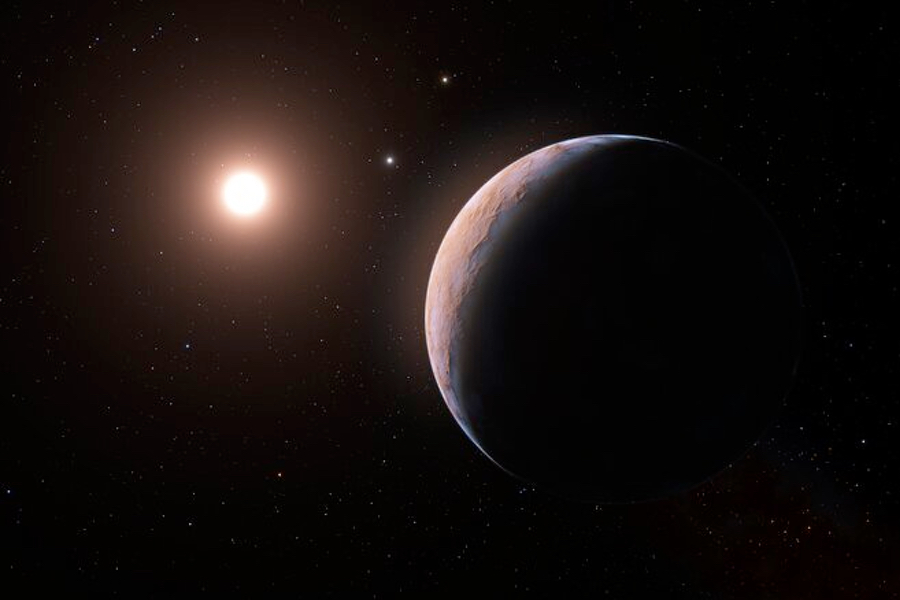 A representation of the exoplanet Proxima Centauri b, the closest exoplanet to the Solar System. (Credit: ESO/M. Kornmesser)