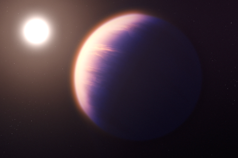 Illustration montrant à quoi pourrait ressembler l'exoplanète WASP-39 b, selon les connaissances actuelles de la planète. (Crédit: NASA/ESA/CSA/J. Olmsted )