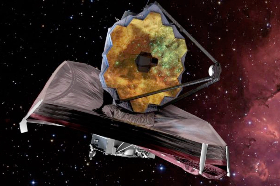 Une représentation artistique du télescope spatial James Webb dans l’espace. (Crédit: STScI)