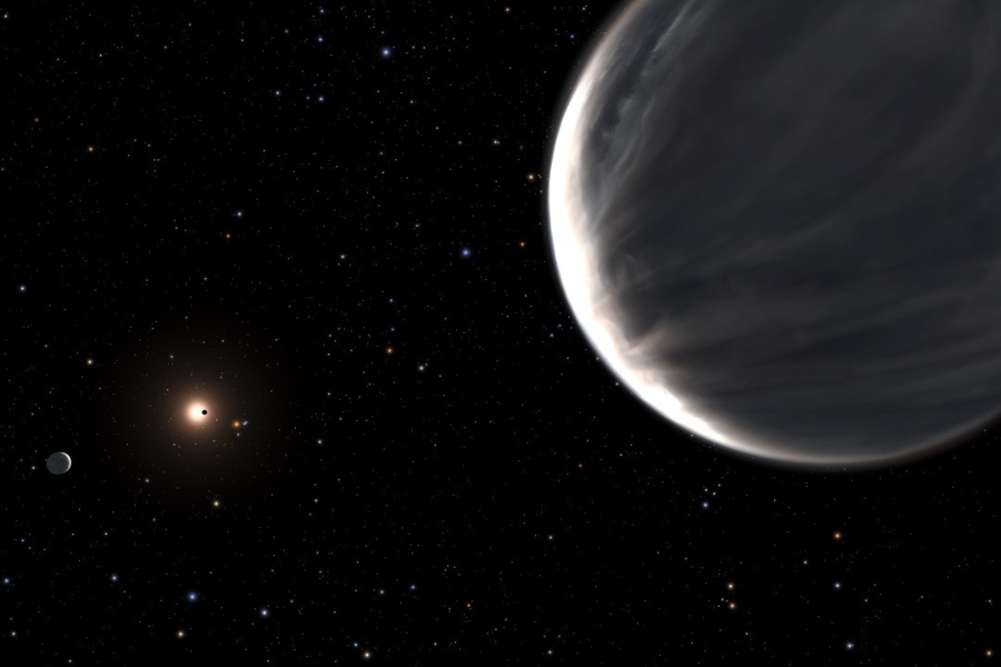 Artistic representation of the planetary system of the star Kepler-138. We see Kepler-138 d in the foreground, and closer to the star, Kepler-138 c. These two planets are probably composed mainly of water. The small planet Kepler-138 b is seen transiting in front of the star. A fourth planet, Kepler-138 e, is further away and not visible in the image. Credit: STScI.
