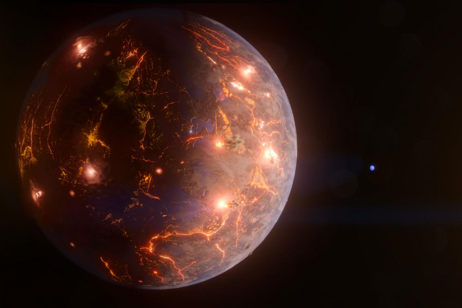 LP 791-18 d, illustrated here, is an Earth-size world about 86 light-years away. The gravitational tug from a more massive planet in the system, shown as a blue dot in the background, may result in internal heating and volcanic eruptions on this exoplanet – as much as Jupiter’s moon Io, the most geologically active body in the Solar System. Credit: NASA’s Goddard Space Flight Center/Chris Smith (KRBwyle)