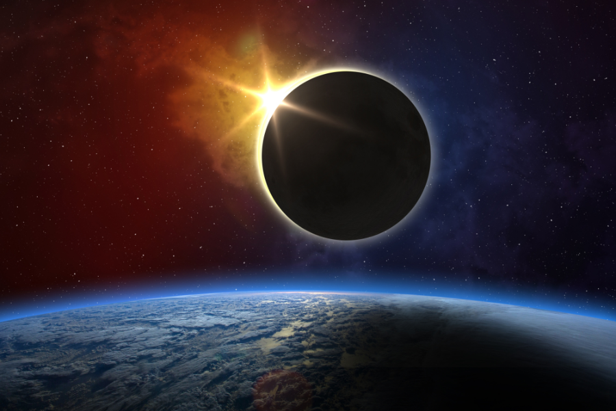 Une représentation artistique d'une éclipse solaire, vue de l'espace. Crédit  : Getty Images (buradaki)