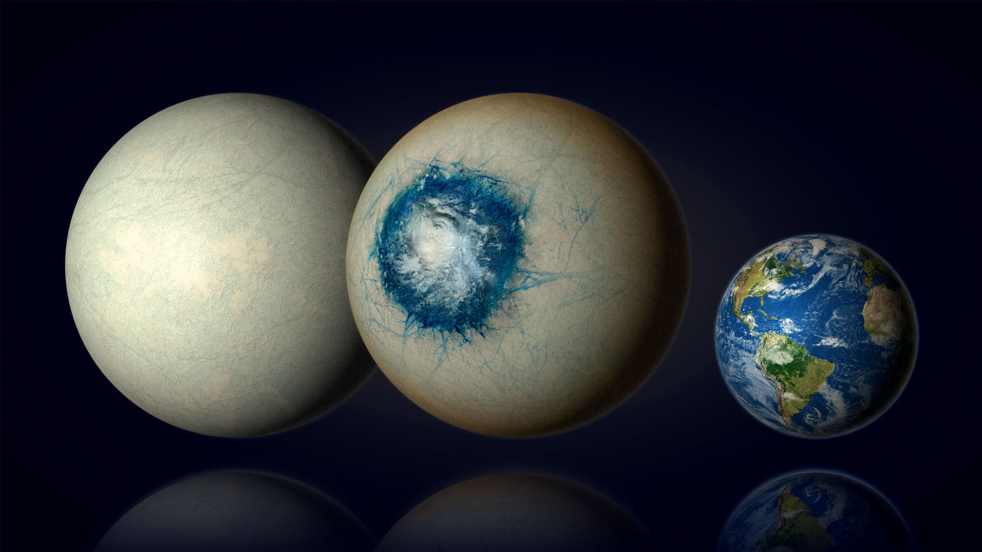 L'exoplanète tempérée LHS 1140 b pourrait être un monde entièrement recouvert de glace (à gauche), comme Europe, la lune de Jupiter, ou un monde de glace avec un océan substellaire liquide et une atmosphère nuageuse (au centre). LHS 1140 b fait 1,7 fois la taille de notre planète Terre (à droite) et constitue l'exoplanète dans une zone habitable la plus prometteuse dans notre recherche d'eau liquide au-delà du Système solaire. (Crédit : B. Gougeon/UdeM)