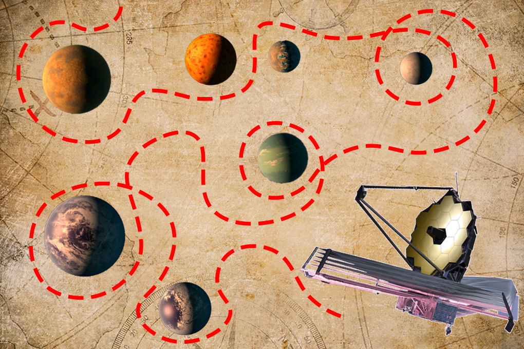 The James Webb Space Telescope points to several TRAPPIST planets scattered on top of a map background with a red dotted line leading around them.
(Credit: Paige Colley/NASA/JPL-Caltech)