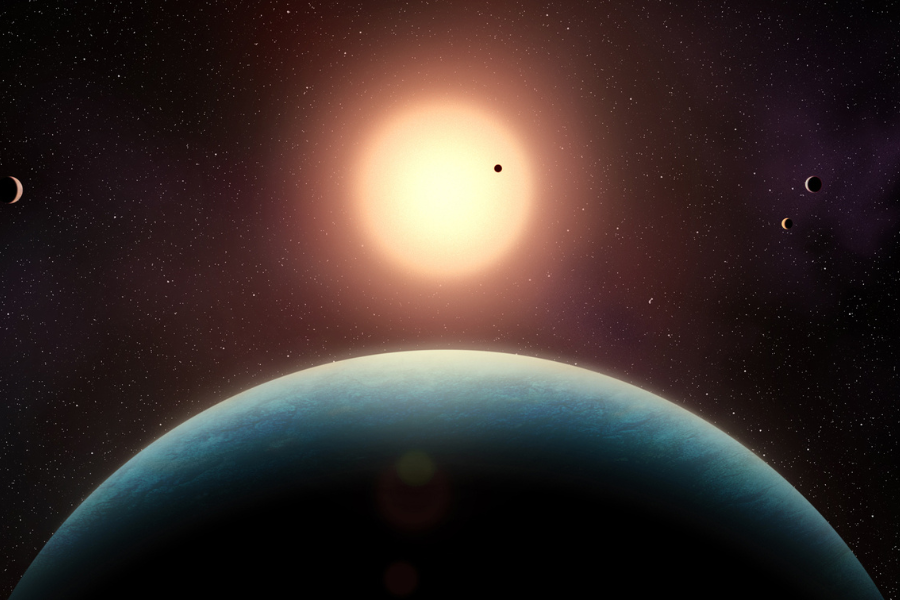 Illustration of the planetary system of L 98-59. Five small exoplanets orbit closely around this red dwarf star, located 35 light-years away. In the foreground is the habitable-zone super-Earth L 98-59 f, whose existence was confirmed in this study. Credit: Benoît Gougeon/UdeM.